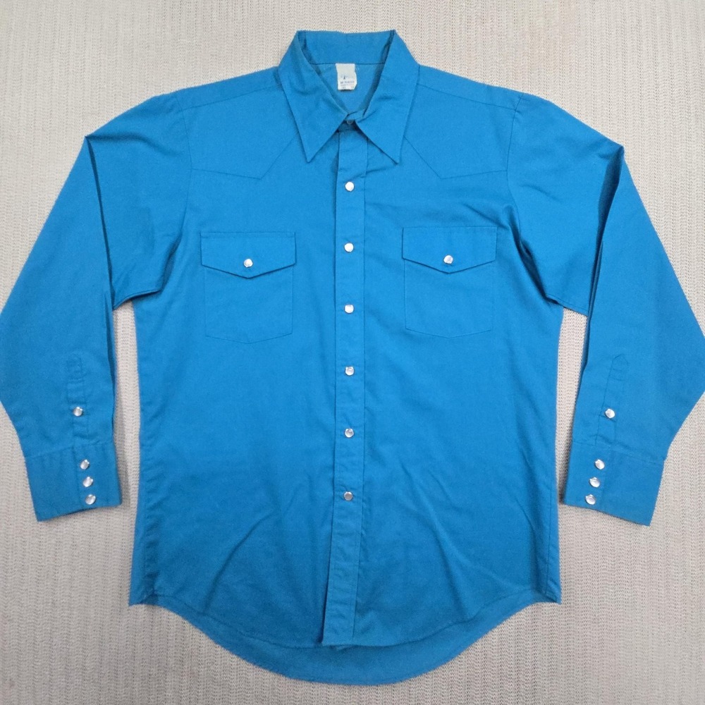 Vintage Malco Modes Pearl Snap Shirt Mens Large Blue Western Long Sleeve USA Mad